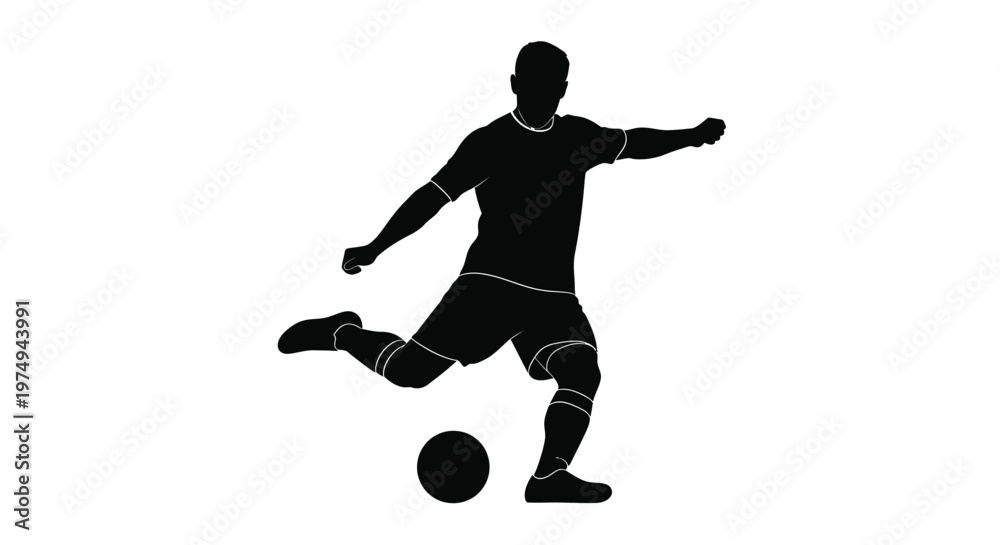 Fototapeta premium A dynamic soccer player in mid kick powerfully striking the ball silhouette