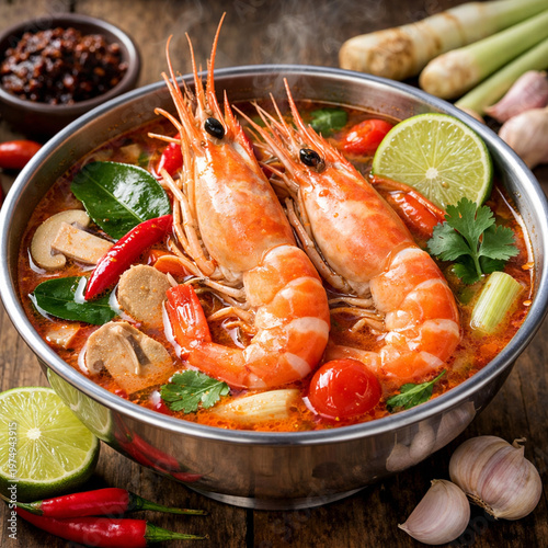 Tantalizing Tom Yum Soup: a culinary masterpiece, a close-up shot of a steaming bowl of Tom Yum soup, showcasing the vibrant flavors and fresh ingredients, including plump shrimp, zesty lime.