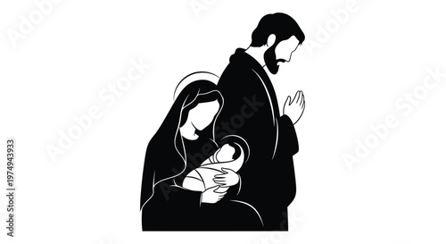 Holy family depiction in black and white showcasing a striking silhouette