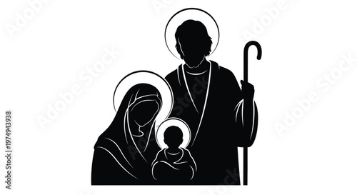 Holy family depiction with halos and a shepherd black and white silhouette