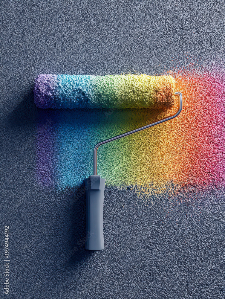 Obraz premium Paint roller applying vibrant spectrum of rainbow colors on textured gray wall symbolizing creativity and colorful artistic transformation