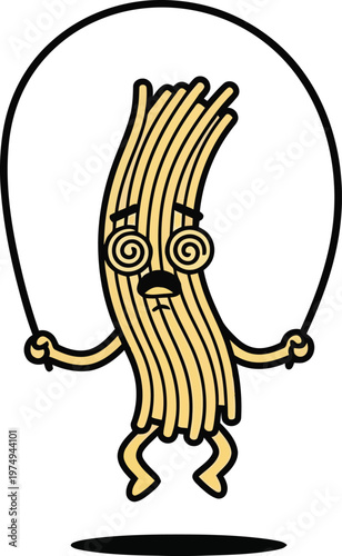 A cartoon illustration of a spagheti character jumping rope with a playful expression
