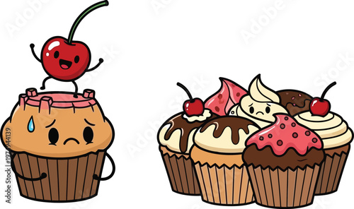 A cartoon illustration of cupcakes with different toppings and expressions