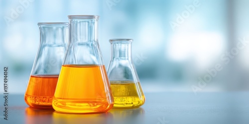 Chemistry. Orange solution glass flask in blue chemical school lab. Laboratory research. Test tube containing liquid. Science background. Beaker With Formula. No people. Chemically Equipment Glassware