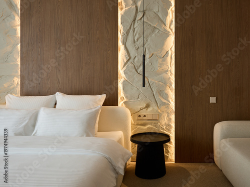 Modern and Cozy Hotel Bedroom Interior with Warm Lighting