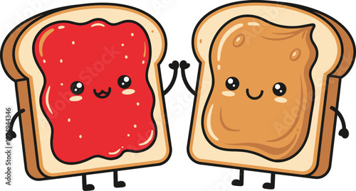 A cartoon illustration of two slices of toast with smiling faces holding hands