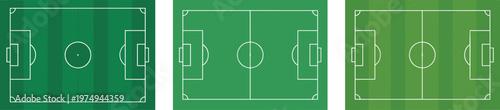 Set Of Three Green Soccer Football Field Pitch Vectors Featuring Different Grass Texture Patterns And Striped Layouts For Sports Stadium Strategy Design