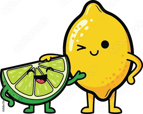 A cartoon lemon and lime character illustration with smiling faces