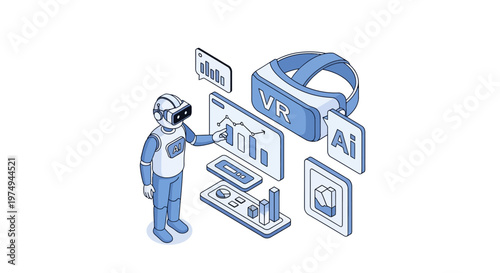 Isometric Robot in VR Headset Analyzing Data Charts and Graphs with Artificial Intelligence, Futuristic Technology Concept