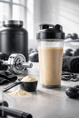 Fueling Fitness: A protein shake, scoop of powder, and gym essentials set the stage for a fitness journey, captured in a monochrome image.