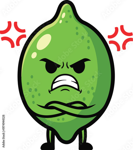 A cartoon lime character with an angry expression and red heat lines around its head