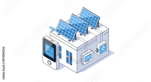 Isometric Smart Home Energy Management System with Solar Panels and Smartphone Monitoring App for Renewable Power Efficiency