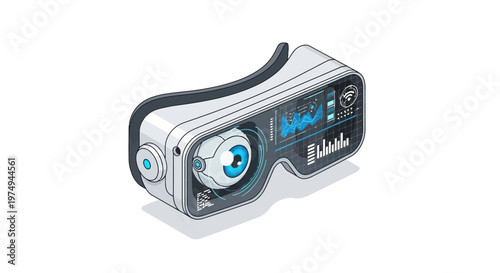 Isometric Futuristic VR Headset Illustration with HUD Interface, Data Analytics, and Eye Tracking Technology on White Background