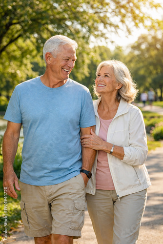 Serene Stroll: An elderly couple strolls hand-in-hand along a sun-dappled path in a park, their faces alight with joy and affection, embodying the timelessness of love and companionship.
