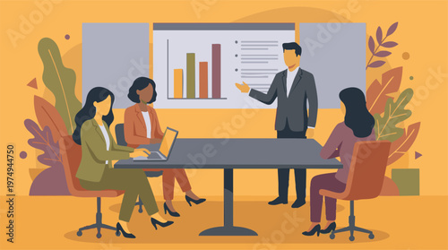 Business meeting with male presenter and female attendees at a conference