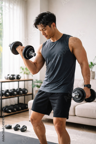 Dynamic Strength: An athletic individual, engrossed in a focused dumbbell workout, embodies dedication to physical conditioning.