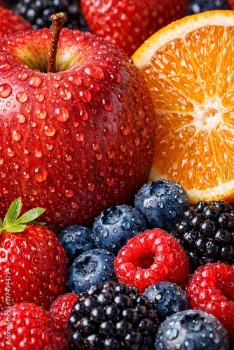 Vibrant Fruit Medley: A close-up shot of an array of fresh, colorful fruits showcases the diversity and natural beauty of nature's bounty, capturing the essence of healthy eating.