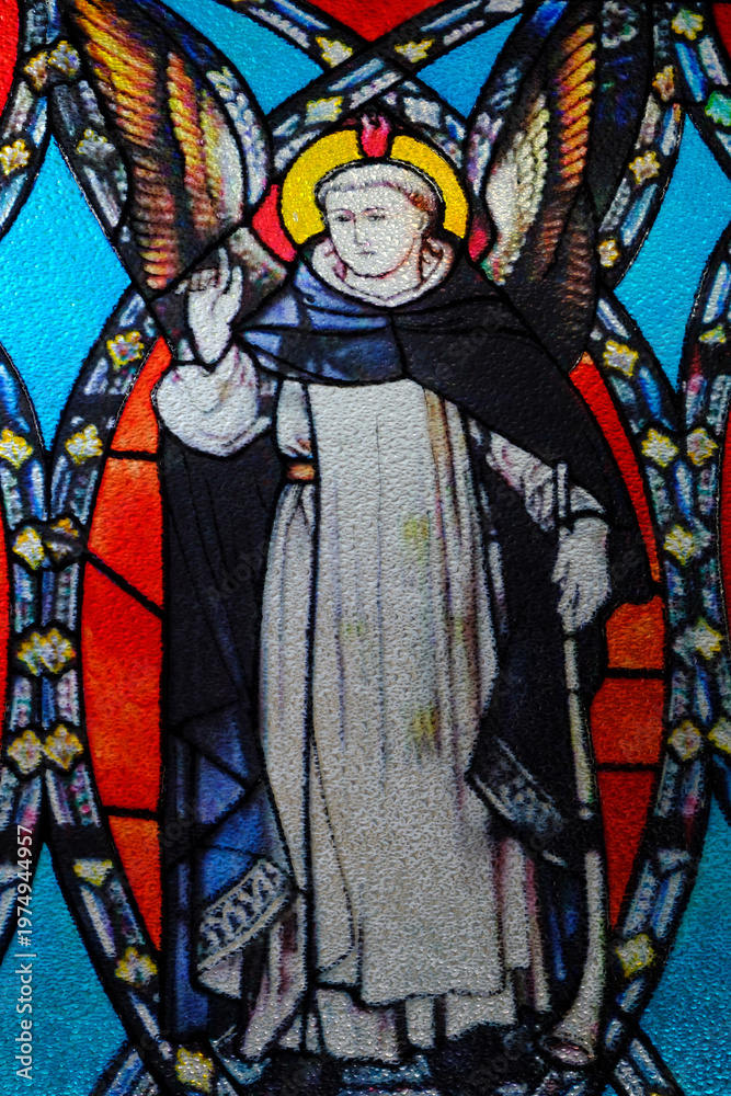 Obraz premium Catholic Dominican church. Stained glass. Saint Vincent Ferrer (1350–1419) was a Dominican preacher, canonized in 1455. Ho Chi Minh city. Vietnam.