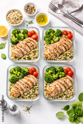 Healthy Meal Prep: An overhead shot captures a vibrant assortment of ready-to-eat meals, showcasing a balanced and nutritious diet for health-conscious individuals.