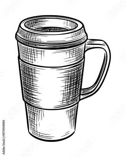 Hand Drawn of a Coffee Cup with Lid and Sleeve White Background drink beverage