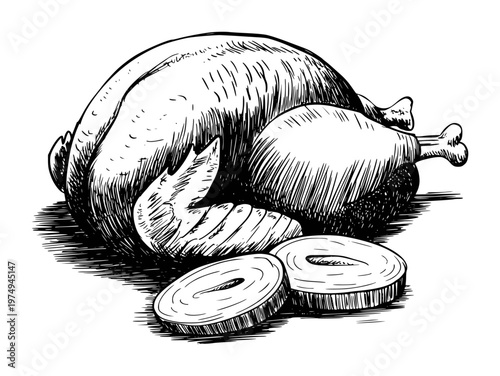 Hand Drawn of a Whole Roasted Chicken with Slices and Wing White Background food