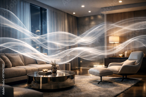 Modern Living: Captivating interior design showcasing elegant furniture in a stylish living room with an artistic, flowing light pattern.