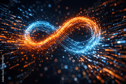 Endless Innovation: A mesmerizing display of a glowing infinity symbol formed from countless particles, symbolizing boundless innovation and the limitless potential of ideas. 