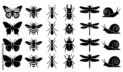 Minimal insect icon set butterflies bees ants beetles dragonflies and snails simple flat vector collection