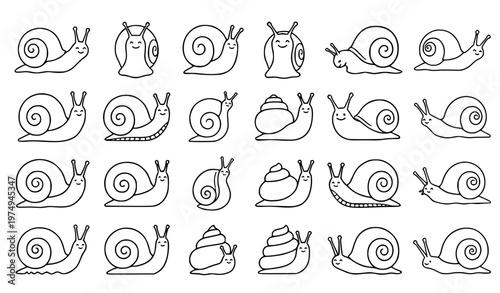 Minimal snail outline icon set simple happy snail line vector symbols clean design