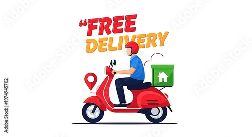 Vector illustration of a delivery person on a red scooter with 