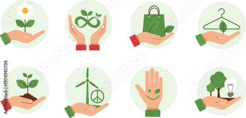 Eco friendly lifestyle icons set with sustainable shopping renewable energy plant care and zero waste environmental concept illustration