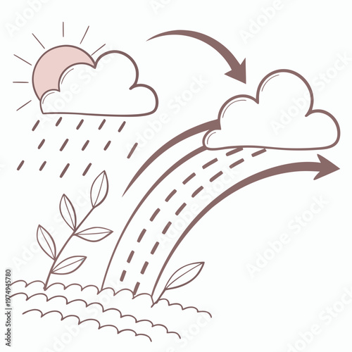 A simplified illustration depicts the water cycle showcasing evaporation condensation precipitation and collection with sun clouds and plants high quality professional detailed