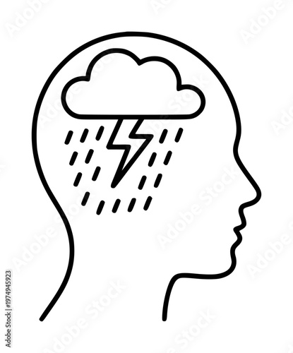 Silhouette of a human head with a storm cloud lightning and rain inside representing mental distress