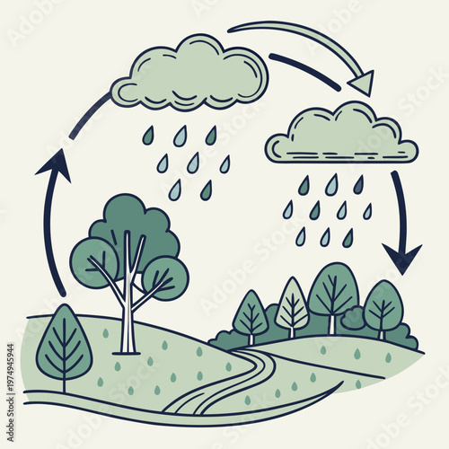 This illustration depicts the cyclical process of the water cycle showcasing evaporation condensation precipitation and collection high quality professional detailed modern elegant