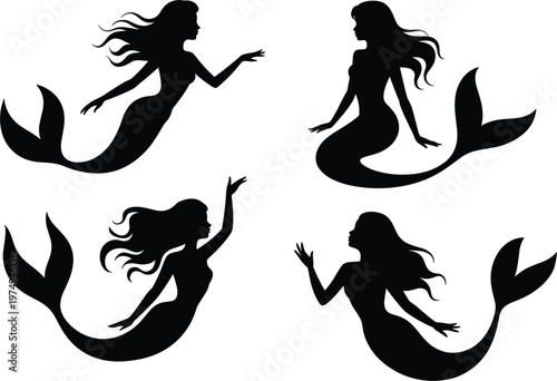 Mermaid silhouette set, fantasy sea girl swimming poses isolated vector ocean myth illustration design