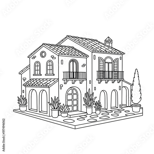 Detailed sketch of a mediterranean style villa with balcony and garden