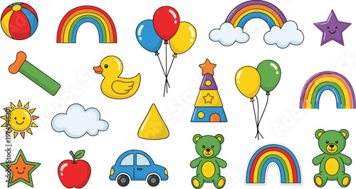 Colorful Cartoon Toys and Fun Symbols Set with Ball, Rainbow, Duck, Bear, Car, and Sun for Kids, Playtime, and Childhood Designs