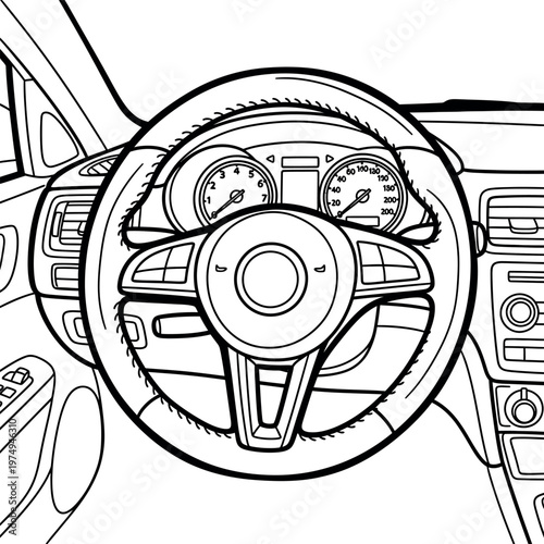 Car interior view steering wheel and dashboard black and white sketch