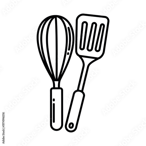 Kitchen utensils whisk and spatula line drawing