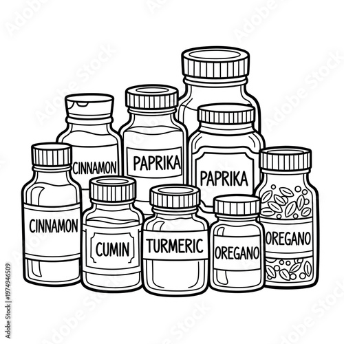 Spice rack illustration a collection of labeled spice jars in black and white