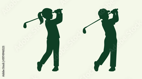 Children golfers in silhouette practicing swing with clubs on a light background