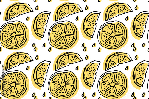 Seamless pattern with lemon slices and juice drops. Line art vector illustration with yellow color spots. Suitable for citrus branding, summer drink packaging, fresh fruit textiles, wallpaper.