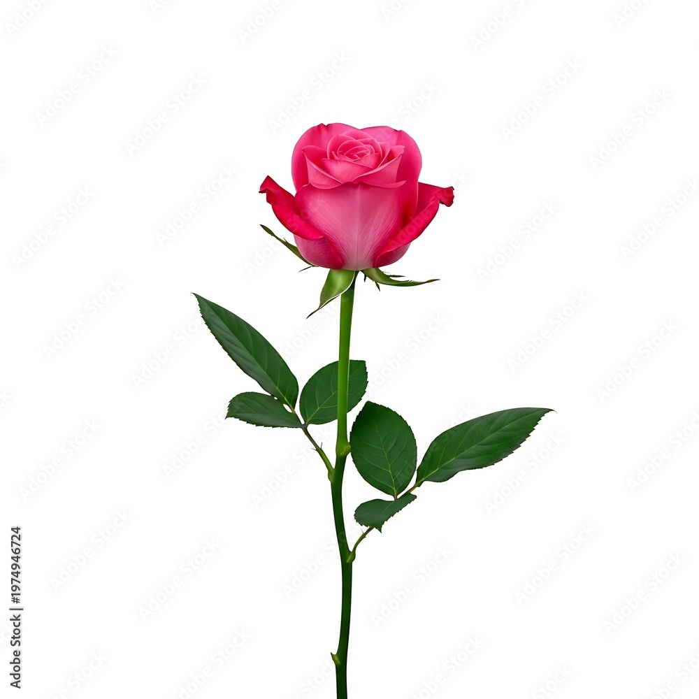 Fototapeta premium Single pink rose with green leaves on white background flower single flower 1 blooming