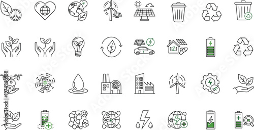 Eco friendly renewable energy and sustainability line icons set with solar wind recycling battery environmental technology symbols