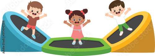 Children having fun bouncing on trampolines in colorful play area cartoon