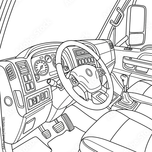 Detailed line art of a car's interior dashboard and steering wheel