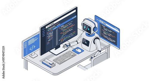 Isometric AI Robot Software Developer Coding on Multiple Monitors, Artificial Intelligence Programming Concept Vector