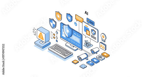 AI Cybersecurity and Data Protection Isometric Vector Illustration - Network Security, Firewall, and Privacy Concept with Shield and Camera Icons on White Background