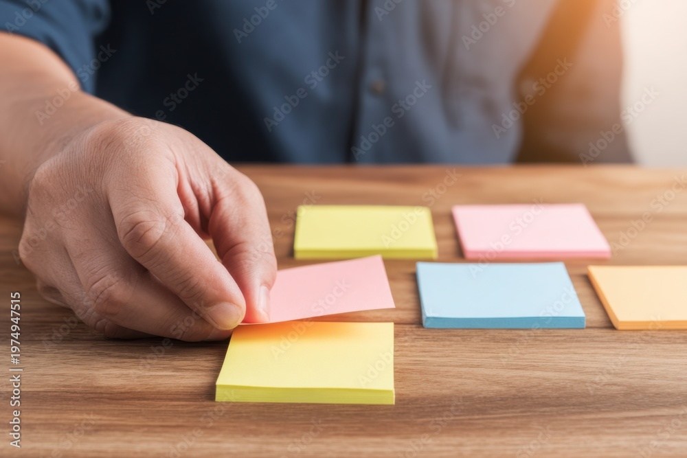 Obraz premium A person organizes colorful sticky notes on a wooden table, preparing for planning or brainstorming.