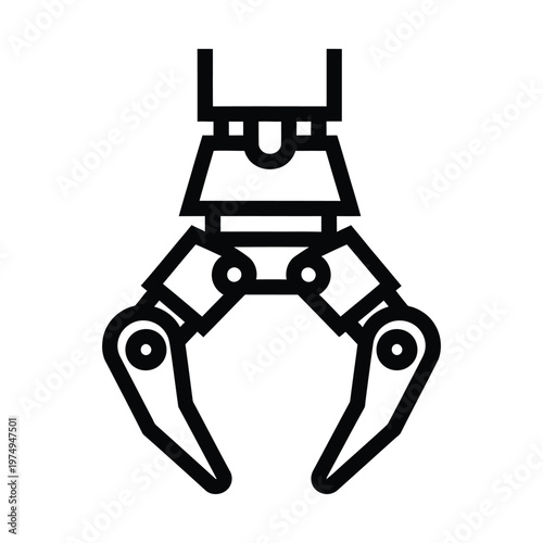 Robotic claw icon in minimalist line art style, industrial mechanical gripper vector illustration, automation technology arm symbol for manufacturing and engineering projects